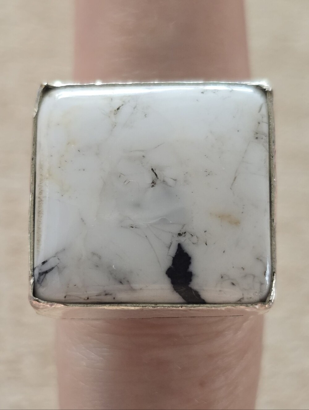 Square White Buffalo Ring In Silver Plated Copper, Southwestern
